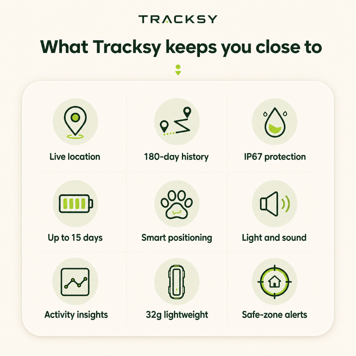 Tracksy pet tracker feature overview including live location, safe zones and activity insights
