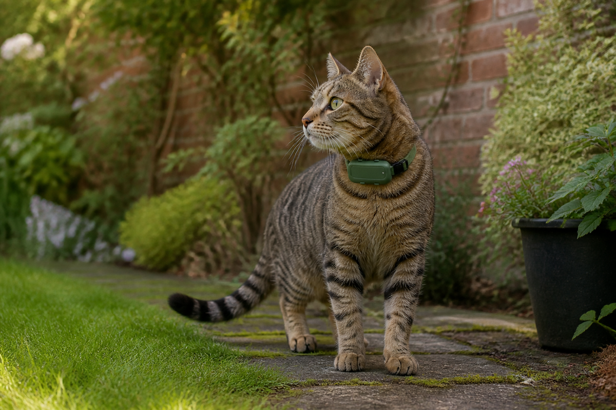 Tabby cat wearing a compact green GPS tracker on a quick-release collar in a British garden