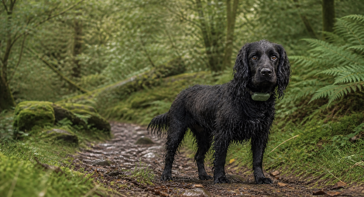 Black spaniel wearing a compact green GPS tracker on a British woodland path