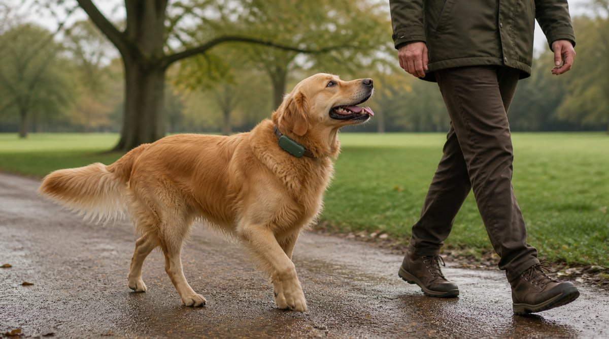 Golden retriever wearing a compact green activity tracker while walking with its owner in a British park